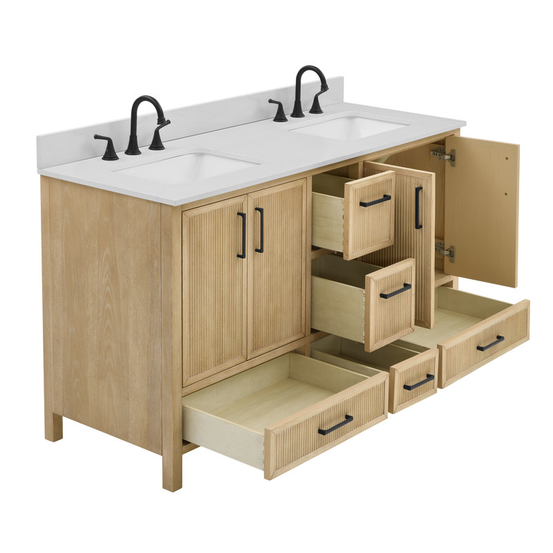 Lineberger 60'' Bathroom Vanity In Fluted Baltic Birch Finish With Carrara White Engineer Stone Countertop