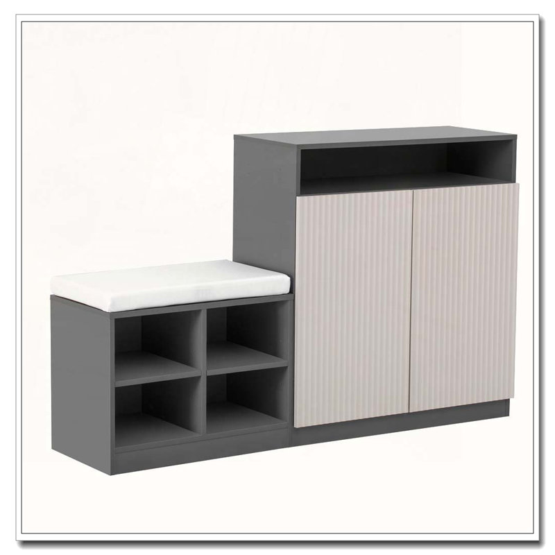 Shoe Cabinets Bench, 2 Doors and 3-Tier Adjustable Shelves, Beige/Gray