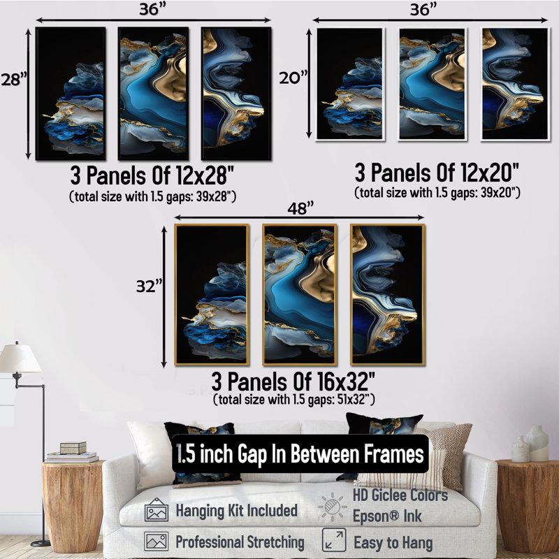 «Abstract Geode Marble Blue II», reproduction sur toile flottante 3 pièces, Noir, H 28 po x l 36 po x P 1 po
