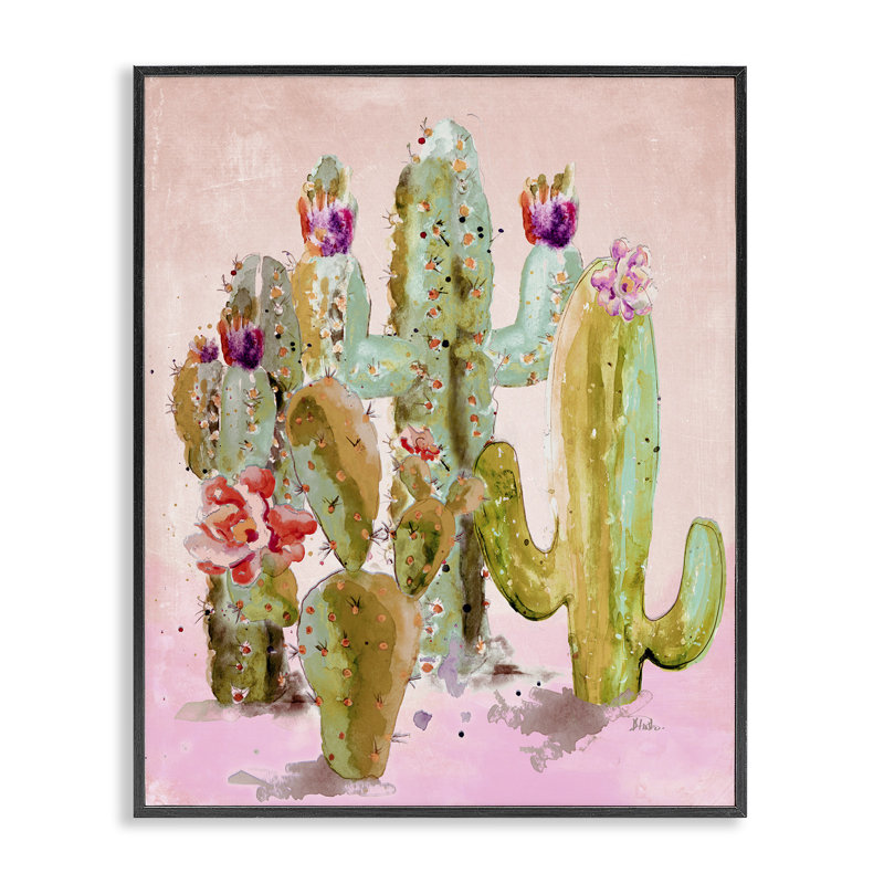 Cactus floraux amusants, estampe numérique par Patricia Pinto, H 14 po x l 11 po, Giclée encadrée noir minuit