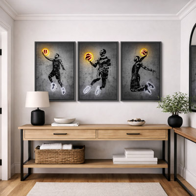 White & Yellow Neon Effect-Basketball Player Slam Dunk Artwork, Athletes Pop Modern Bedroom Decor Wall Pictures, Framed Canvas Giclée Print 3 Pieces Wall Art" 16"x24"x3 pcs, 24"x36"x3 pcs