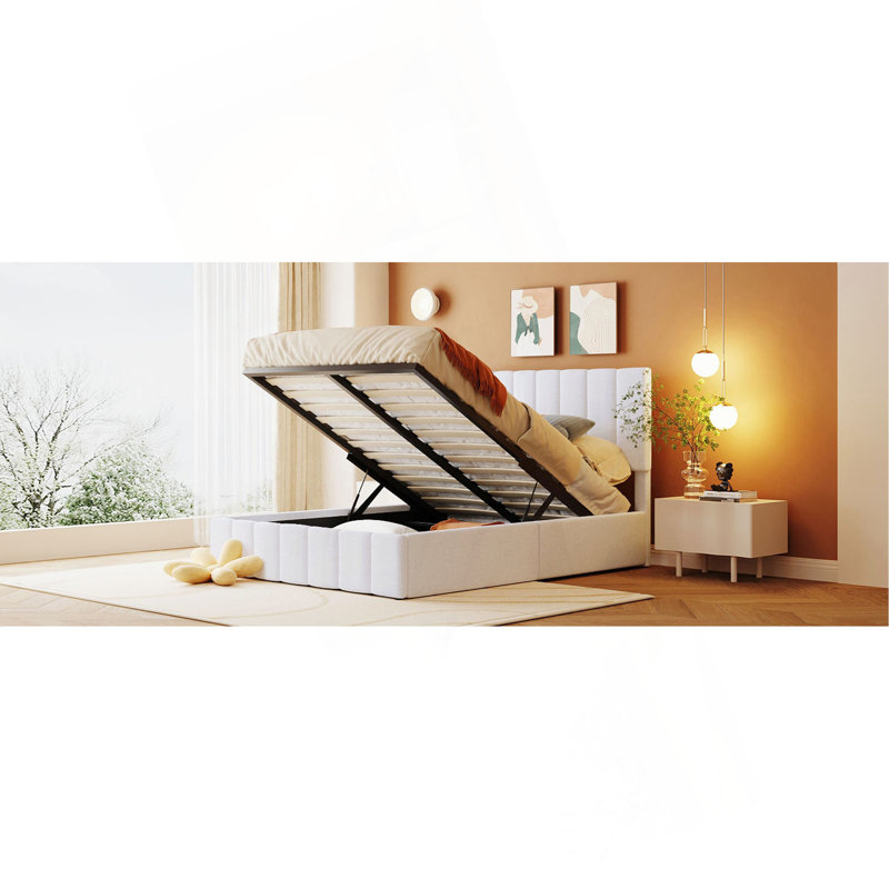 Lit plateforme tapissier avec système de rangement hydraulique, Lit double, Blanc