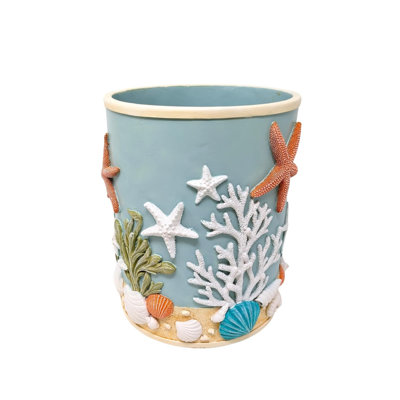Resin Coastal Ocean-Inspired Wastebasket 3D Seashell and Starfish Small Trash Bin for Bathroom or Office
