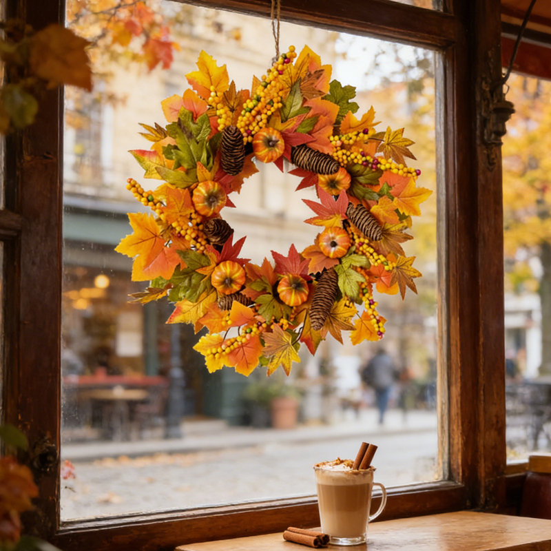Couronne festive festive Autumn Bliss - Décoration de porte vibrante pour feuilles d'automne