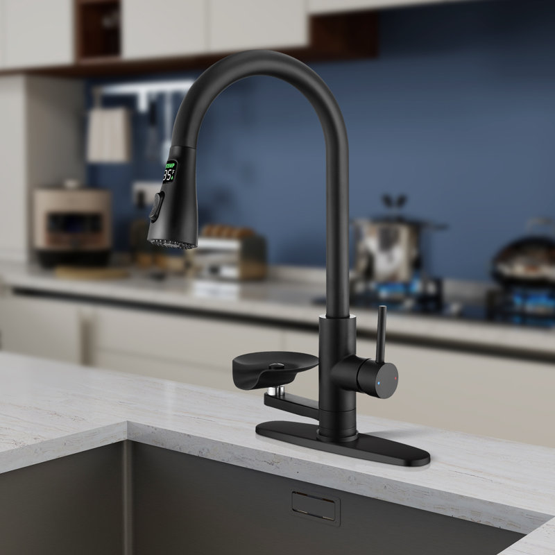 Robinet de cuisine rétractable à poignée simple avec DEL et plaque de pont Topcraft, Noir mat
