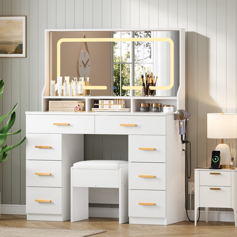 Bureau de coiffeuse avec miroir, table de maquillage avec plateau en verre et 8 tiroirs, Blanc
