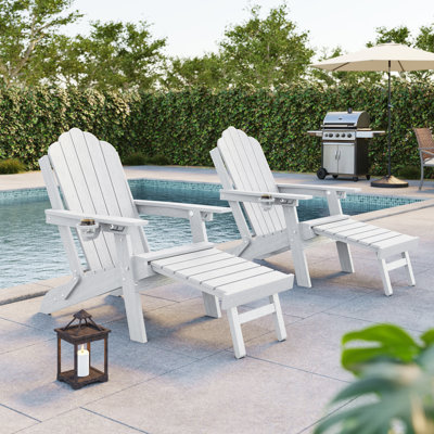 Folding Adirondack Chair with Retractable Ottoman & Cup Holder, 3-Position Adjustable for Patio, All-Weather Outdoor Seating
