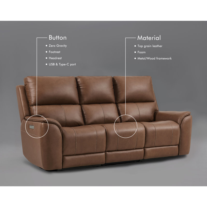 87" W Genuine Leather 3-seater Power Reclining Sofa With  zero Gravity And Usb & Type-c Charging, Light Brown
