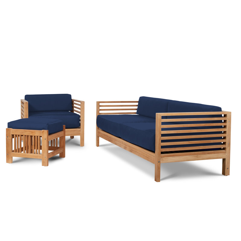Summer 4 Piece Rattan Sunbrella Sofa Set with Cushions, Blue, Brown