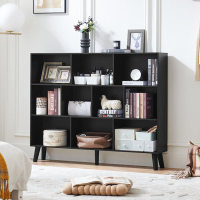 10 Cube Bookshelf,3 Tier Modern Wide Bookcase With Legs,Mid-Century Wood Bookshelves Storage，Retro Large Book Case,Freestanding Organizer Display Shelf For Bedroom,Living Room,Office