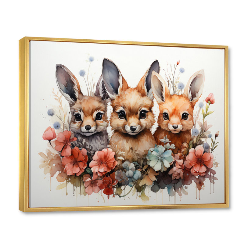 «Dry Watercolor Whimsical Animals» sur impression sur toile, H 24 po x l 32 po, Cadre flottant doré