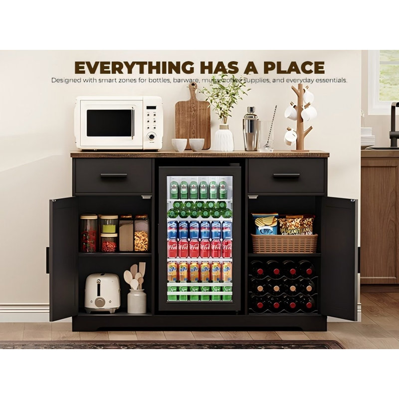 Black Freestanding Bar Cabinet with Built-in Beverage Cooler & Multi Compartment Storage 