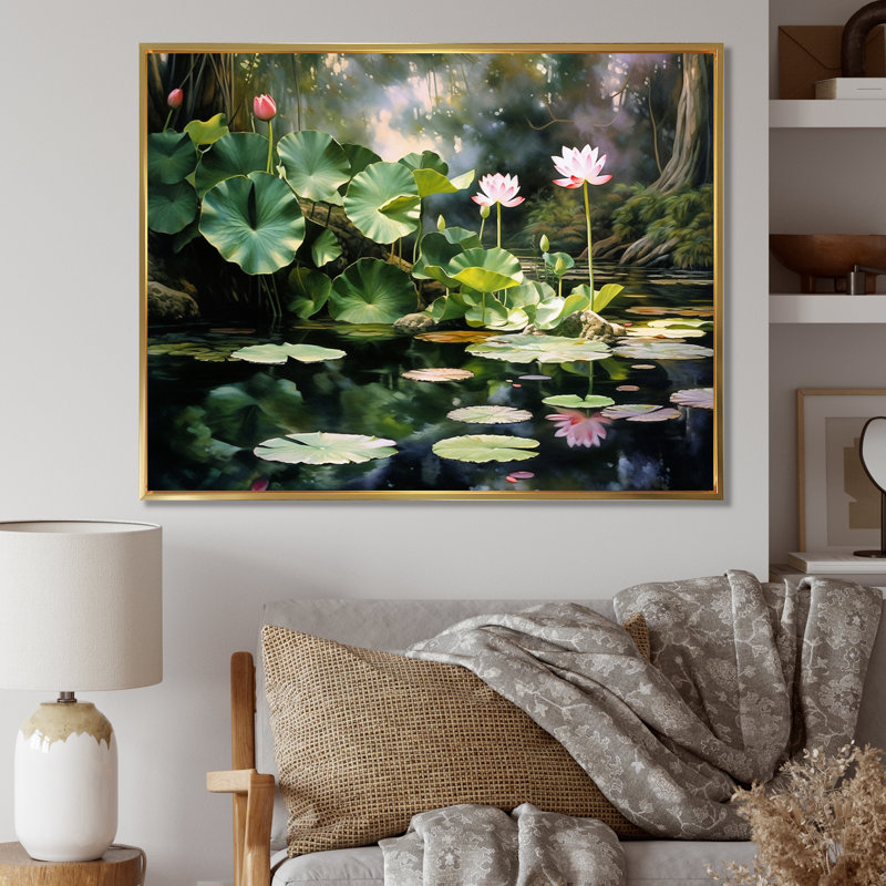 Étangs de lotus verts verts sur toile, H 24 po x l 32 po x P 1 po, Cadre flottant doré