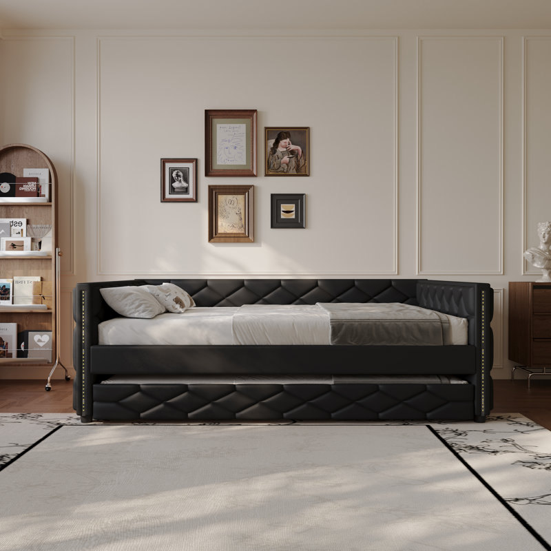 Full Xl Size Upholstered Pu Leather Daybed With Trundle And Led Armrests, Black
