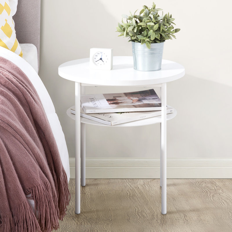 White Round Alloy Steel End Table with Storage Shelf