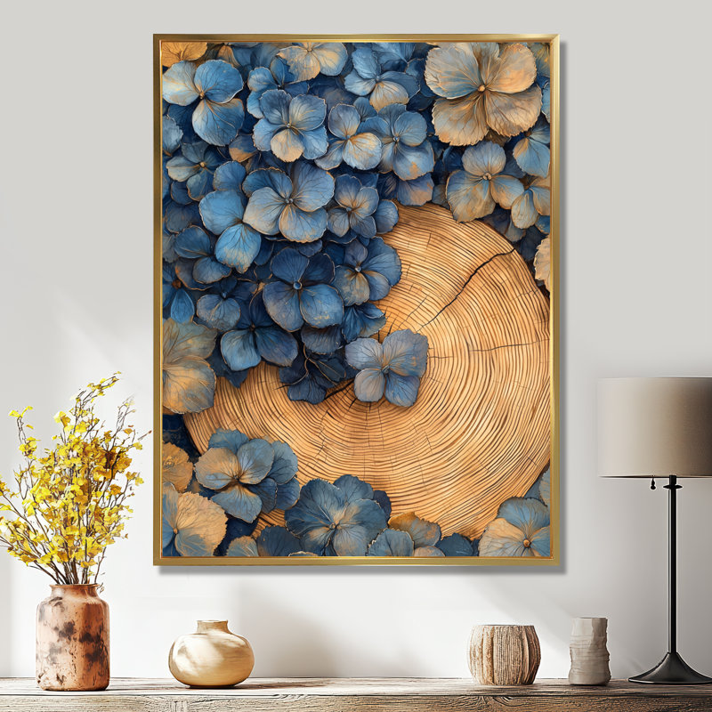 Aquarelle de fleurs d'hortensia sur glissoire en bois I - hydrangées, art sur toile, Reproduction avec cadre flottant, Doré