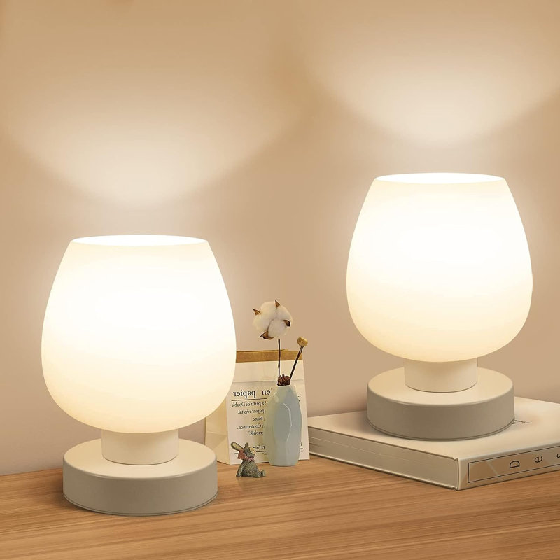 Small Modern White Opal Glass Touch Bedside Lamps with USB Ports
