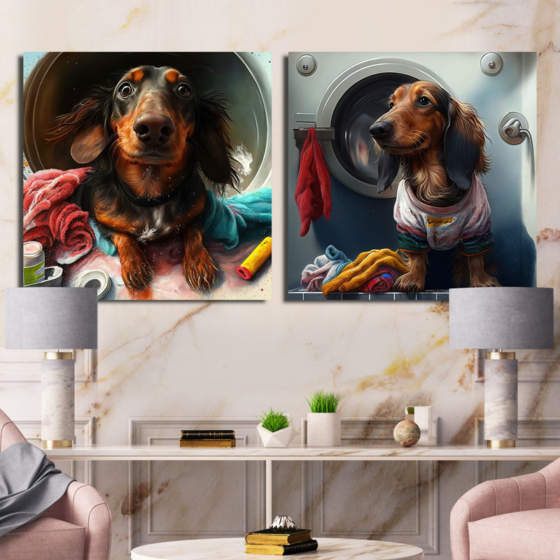 Dachshund Doing The Laundry III - animaux, ensemble de 2 collages carrés, H 16 po x l 33 po, Toile tendue