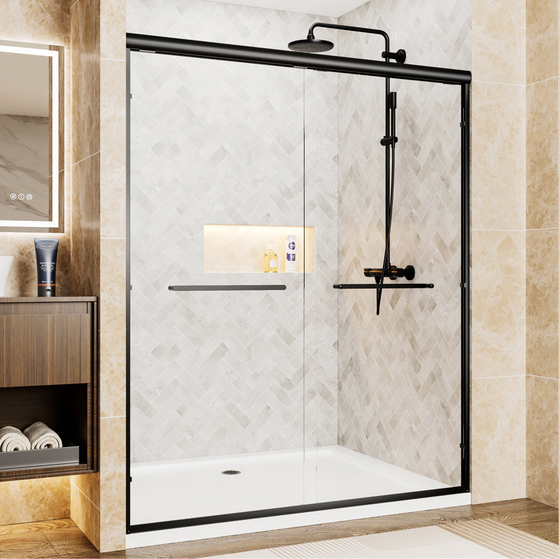 Aluminum Frame Double Sliding Shower Door, Tempered Glass Shower Door With Explosion-Proof Film And Stainless Steel Handles