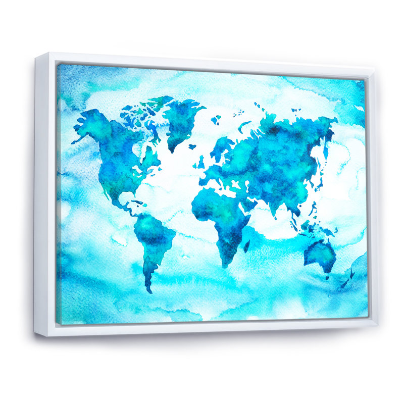 World Map Tone II - reproduction sur toile, H 8 po x l 12 po x P 1 po, Cadre flottant blanc