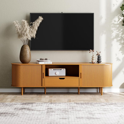 TV Stand with Storage For 55" - 78" TVs, 71" Entertainment Centre with Power Outlet, Fluted Media Console with Sliding Doors, Mid Century Modern Wood TV Console With Drawers And Shelves For Living Room