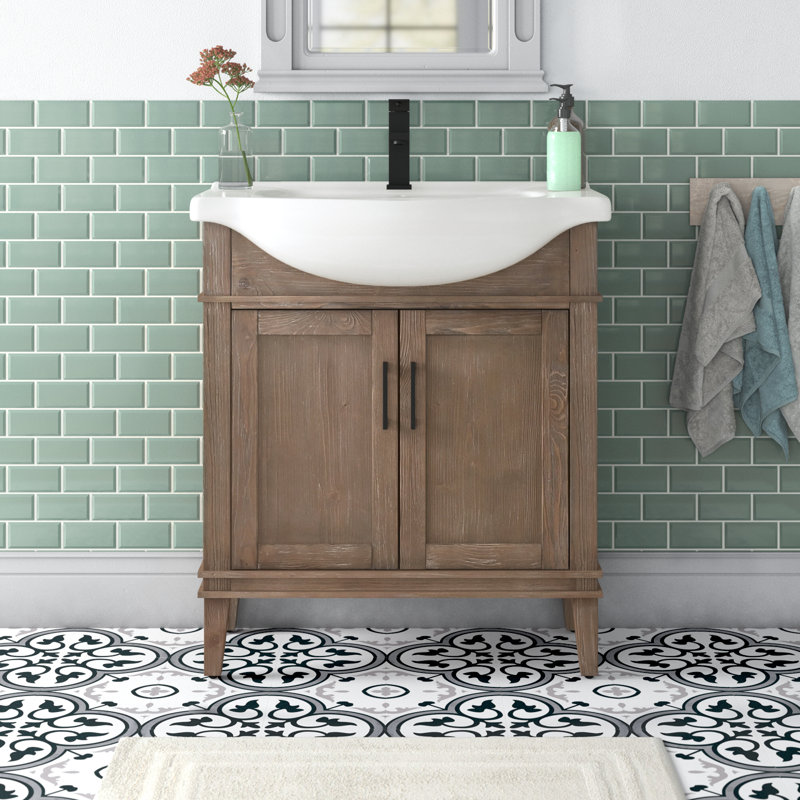Ensemble de meuble-lavabo simple autoportant 30 po avec plateau en céramique Arlowene, Brun