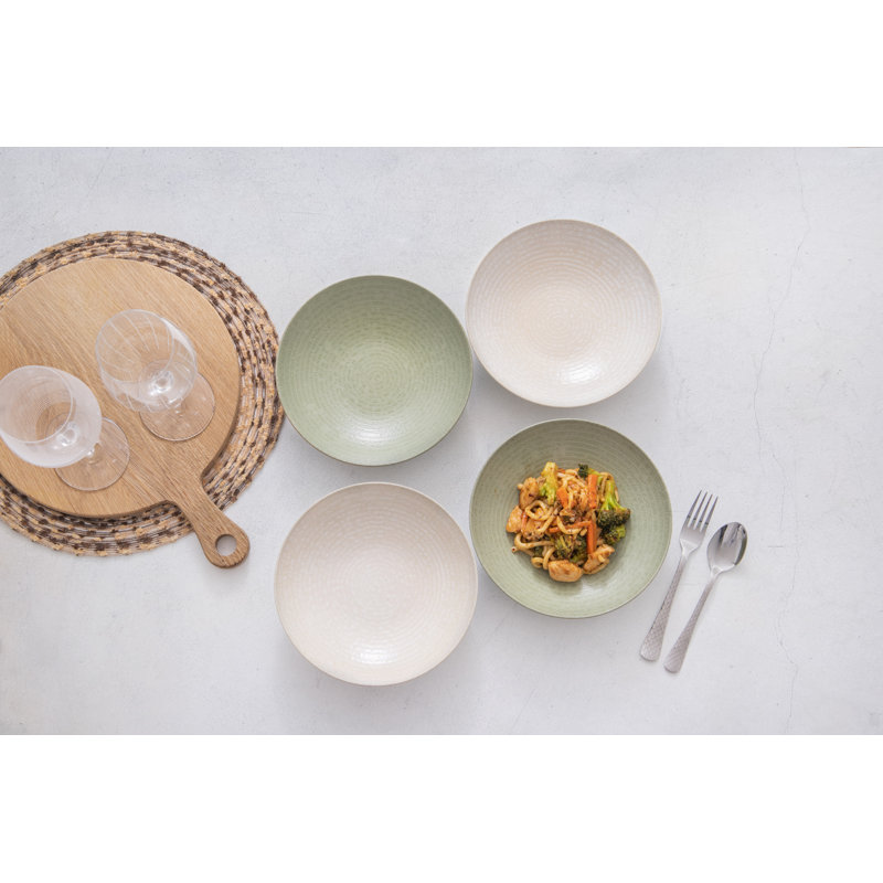 KitchenCraft Pasta Bowls in Gift Box, Lead-Free Glazed Stoneware - Embossed, Green/White