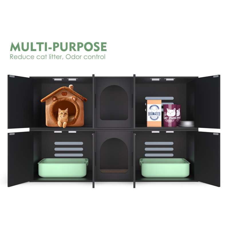 Black Wooden Double Room Cat Litter Box Enclosure