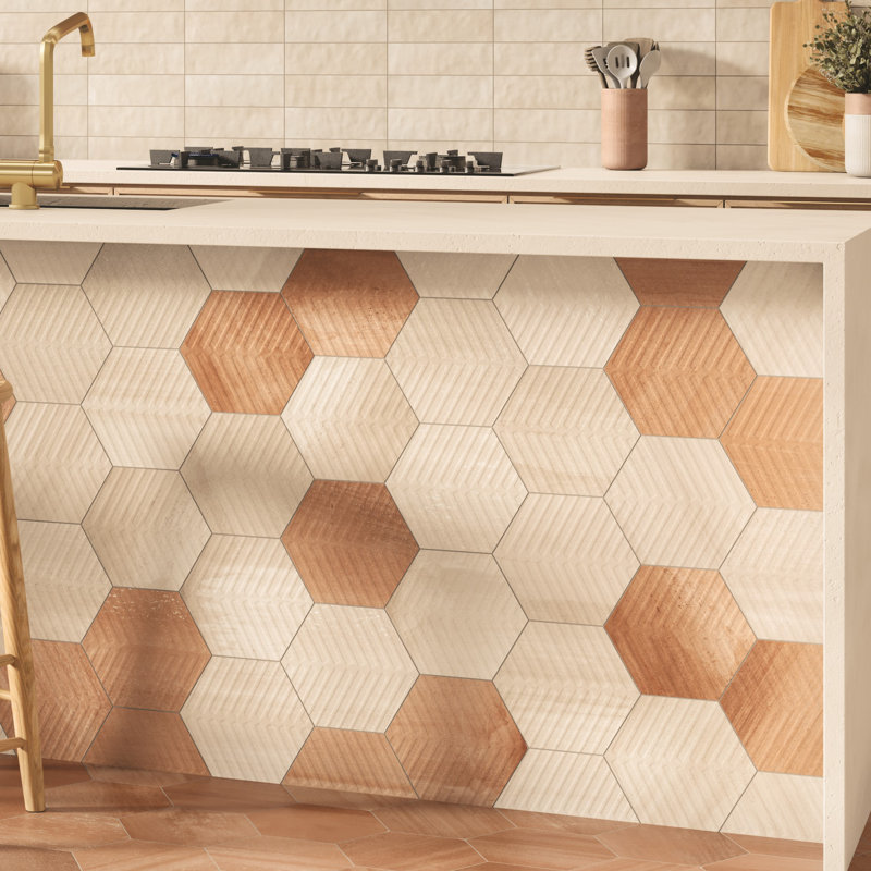 Cotto Charm 8" Porcelain Chevron Hex Tile, Ivory