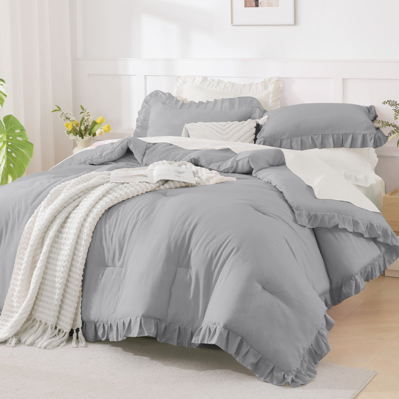 Andency Oversized King Ruffle Comforter Set 120x120, 3 Pieces Silver Gray Lightweight Fluffy Super King Bedding Set, Shabby Chic Famhouse All Season Bed Set for Girls Women