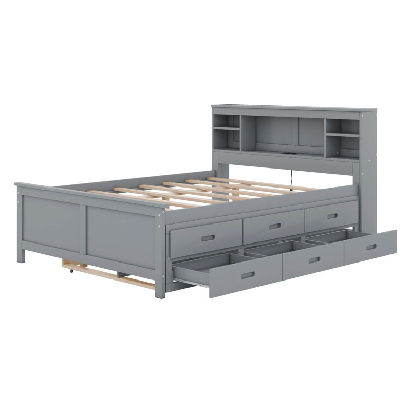 Nyliah Platform Bed with Storage Headboard, USB, Trundle and 3 Drawers, Full / Double, Gray