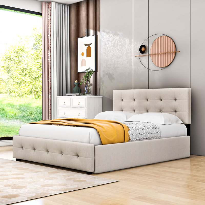 Carlitha Queen 2 Drawers Upholstered Platform Bed with Twin XL Trundle, Dark Beige