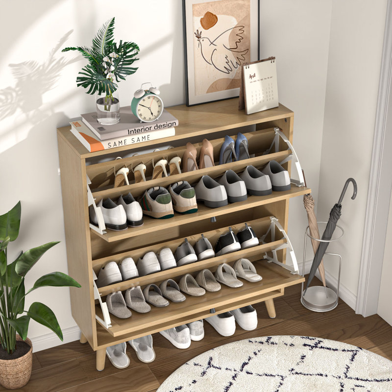 Range-chaussures 16 paires avec 2 tiroirs rabattables et tablettes réglables, range-chaussures autoportants avec motif cannelé