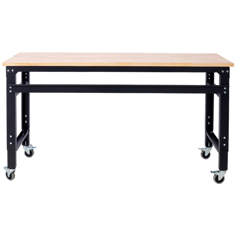 Établi - Établis roulants de 60 po de large pour le garage - Hauteur réglable, banc d'atelier, plateau en métal avec plateau en bois d'hévéa, pied martelé noir