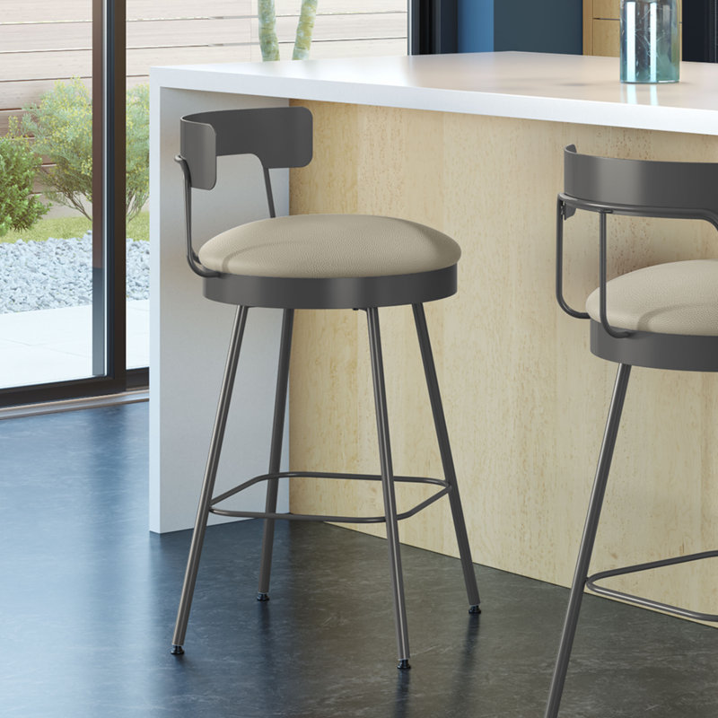 Tabouret de bar et de comptoir pivotant Walley, Gris foncé mat, Similicuir - grège