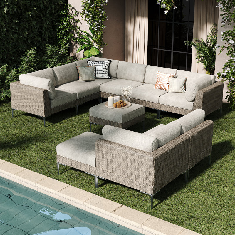  10-piece Wicker Rattan Patio Furniture Set, Deep Seating Outdoor Modular Sectional Sofa Conversation Set With Thick Cushions For Lawn, Garden
