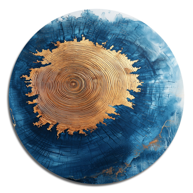Or bleu turquoise, tranche de bois Reverie II - impression d'art moderne en métal doré, décoration murale arbre rond en métal