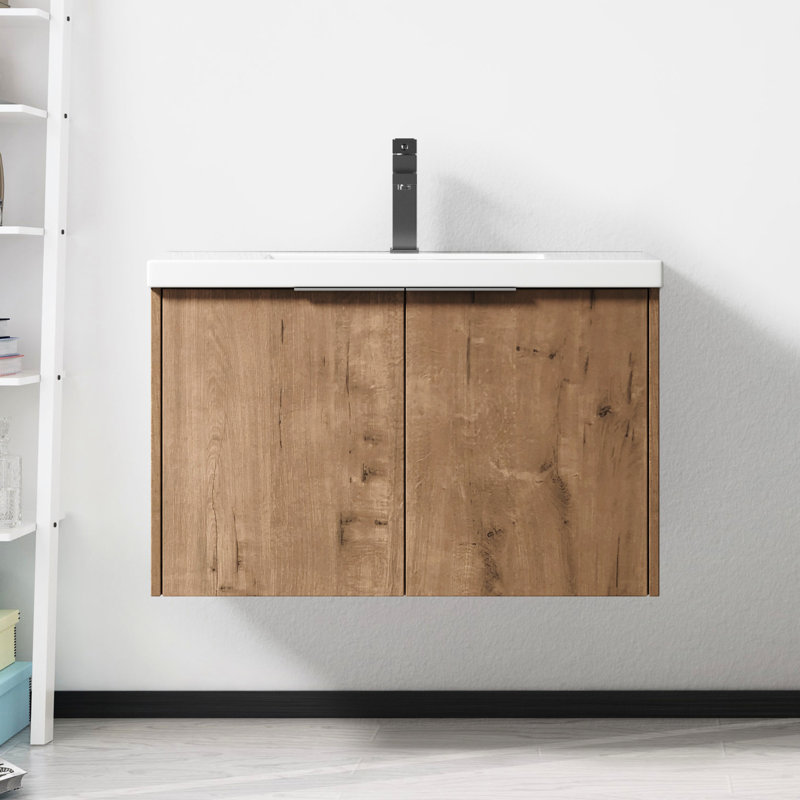 Meuble-lavabo à fermeture en douceur 30 po avec évier - style moderne, grand rangement, chêne imitation, contreplaqué 30X18-00630 de Sunlight, Doors, Modern, Spacieux Oak