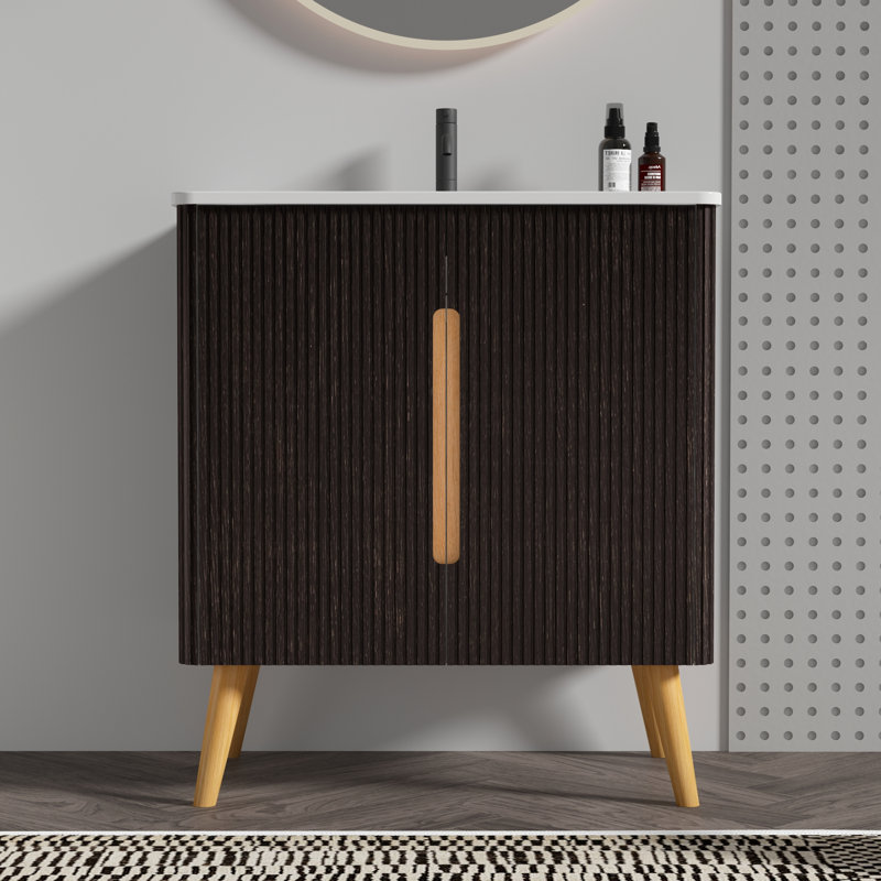 Meuble-lavabo autoportant de 30 po avec lavabo et rangement latéral, noir brossé, esthétique en noyer rayé, bords arrondis, mécanisme de fermeture en douceur, tablettes réglables, design moderne fonctionnel