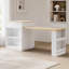 Îlot de cuisine cannelé K&K de 210 cm avec table à manger extensible pour 4 à 6 personnes, table d'îlot avec prise électrique, table de cuisine avec rangement double face, 2 tiroirs et 2 étagères latérales ouvertes.-1485840461