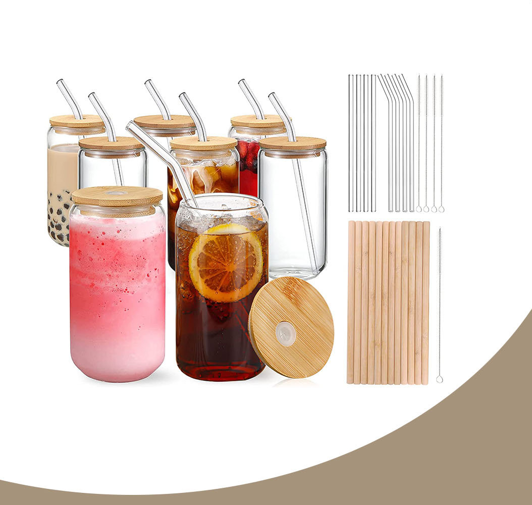  8 Pcs Drinking Glasses with Bamboo Lids and Glass Straw - 16 Oz Can  Shaped Glass Cups Beer, Ice Coffee Glasses Cute Tumbler Cup Great for Soda  Boba Tea Cocktail Include