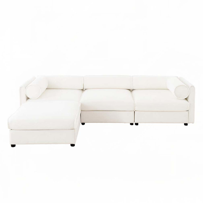 Canapé en chenille avec repose-pieds en tissu, H 27,9 po x l 109 po x P 37,40 po, 3, Blanc