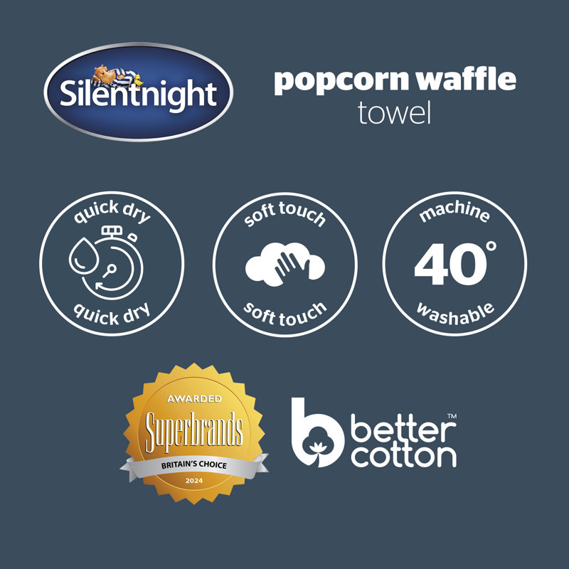 Silentnight Popcorn Waffle Pure Cotton Towels, Bath Towels - 2 Pack, Green