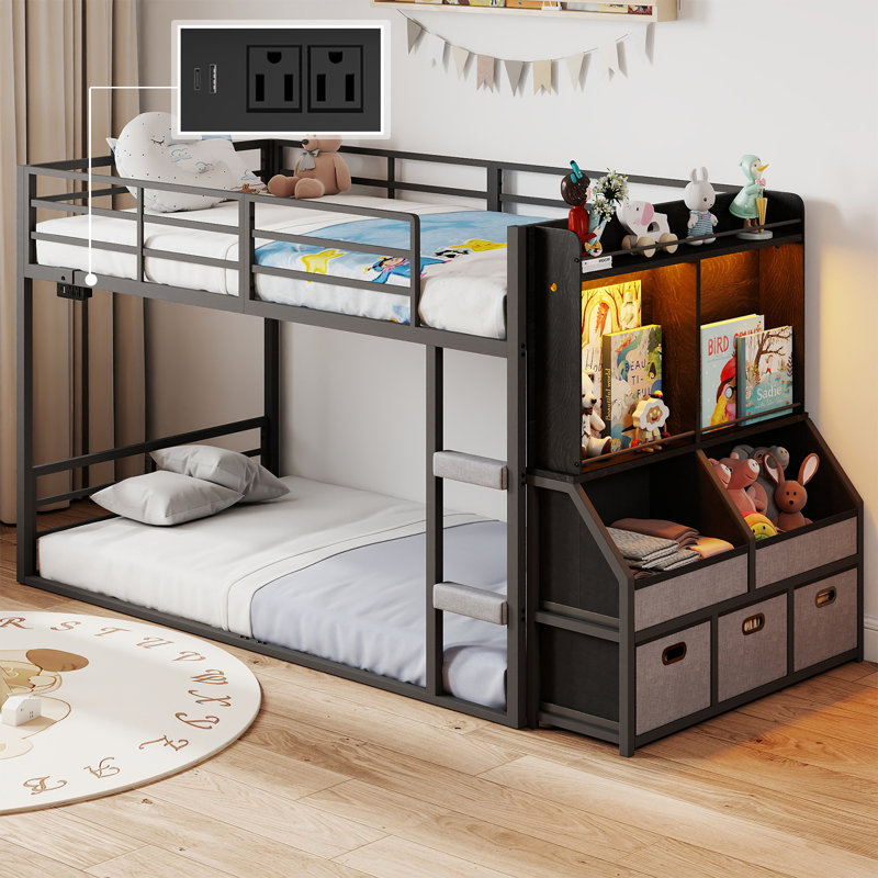 Twin Over Twin bunk Bed with LED and Storage Shelves and Drawer，Metal Floor Bunk Bed with Safety Guardrail, Bunk Bed for Kids