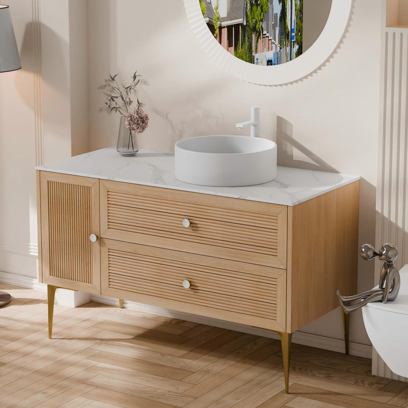 48" Modern Oak Freestanding Bathroom Vanity / Ceramic Vessel Sink, Brass Legs & Mother-of-Pearl Handles – French Country Style Bathroom Cabinet