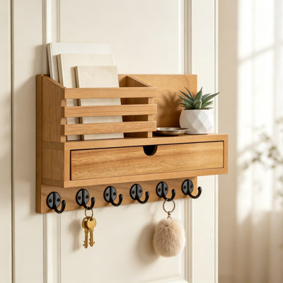 Wall Mounted Key Holder with Mail Organizer Slot and Storage Drawer, Entry Way Coat and Leash Rack, Wood House Accessories, 6 Sturdy Hooks