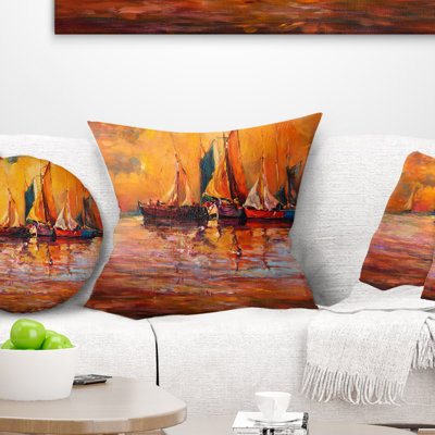 Boats and Ocean in Red - Sea & Shore Printed Pillow