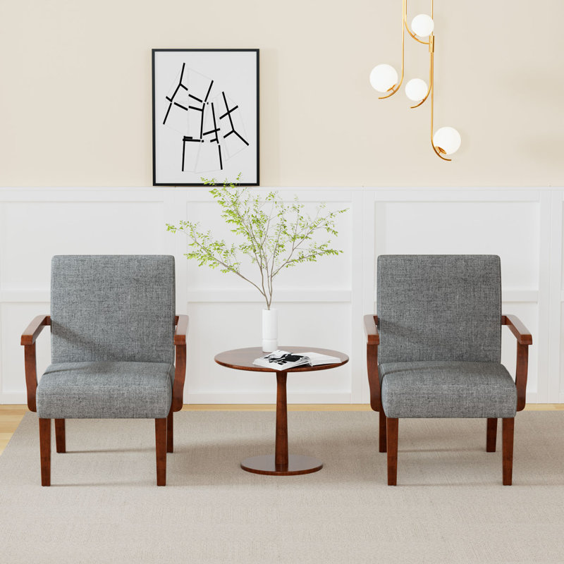Wood Frame Armchair Set of 2, Gray Fabric