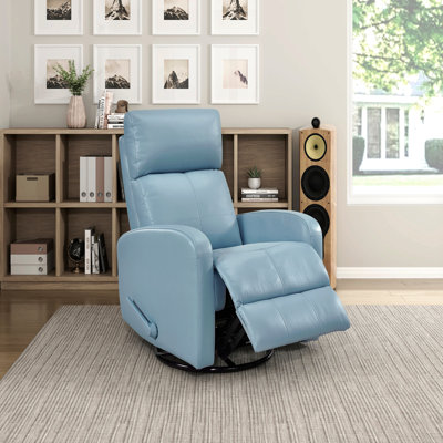 Glider Recliner Chair with Swivel Motion Blue Leather Upholstery Solid Wood Comfort Luxury Living Room Furniture 1pc