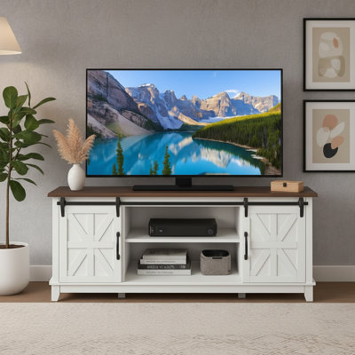 Meuble télé avec deux portes de grange et armoires de rangement